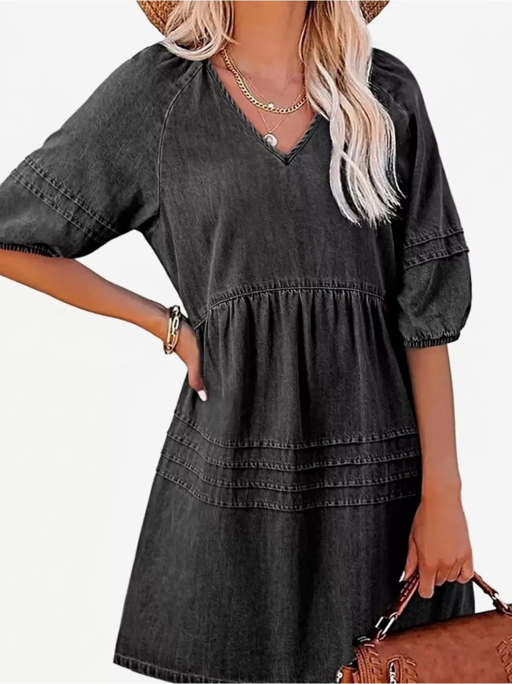 Dokotoo Denim Black V‑Neck Midi Dress with Tiered Seams